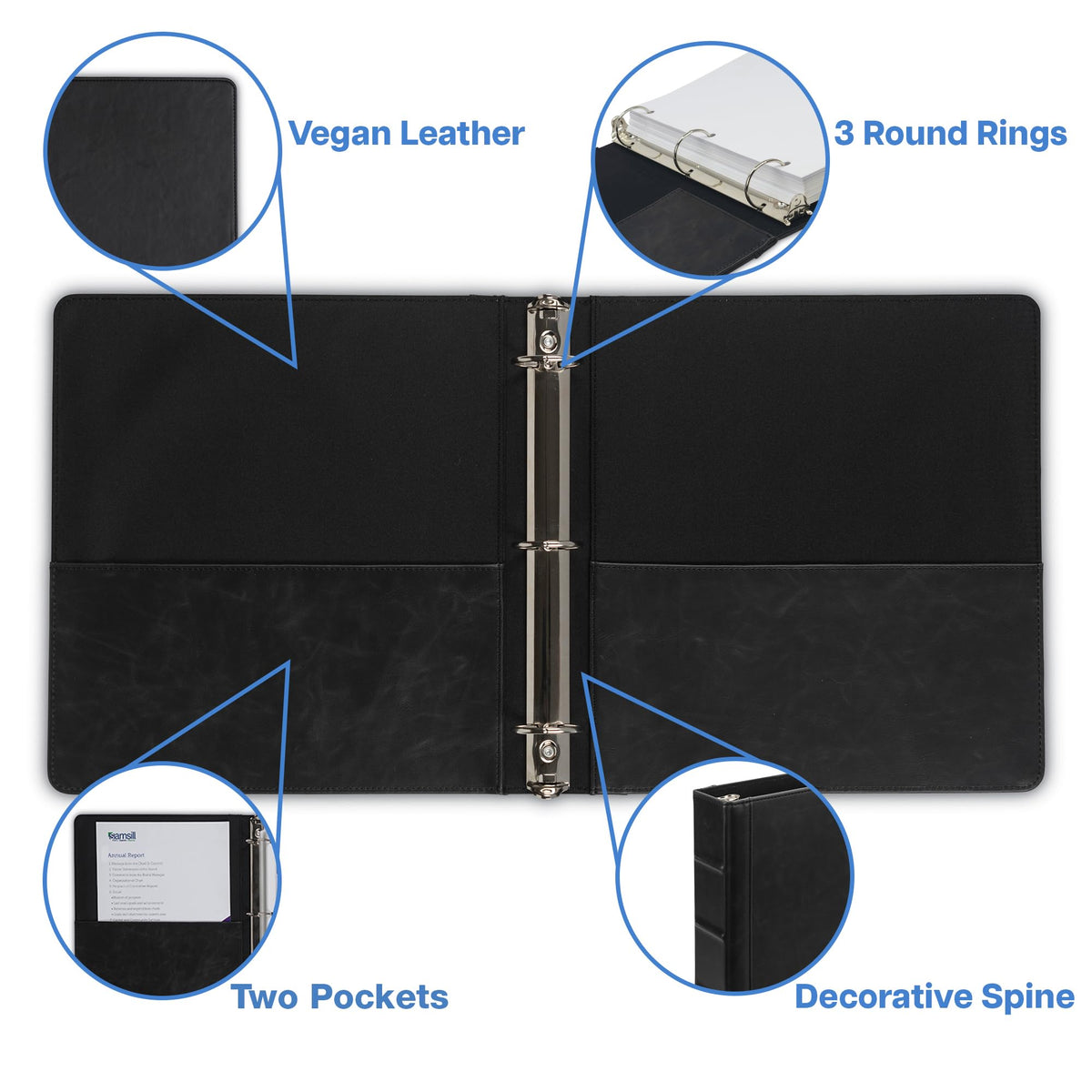 Samsill Vintage Leather 3 Ring Binder, Leather Organizer, Planner, 1.5 Inch, Letter Size 8.5 x 11, No Zipper, Black