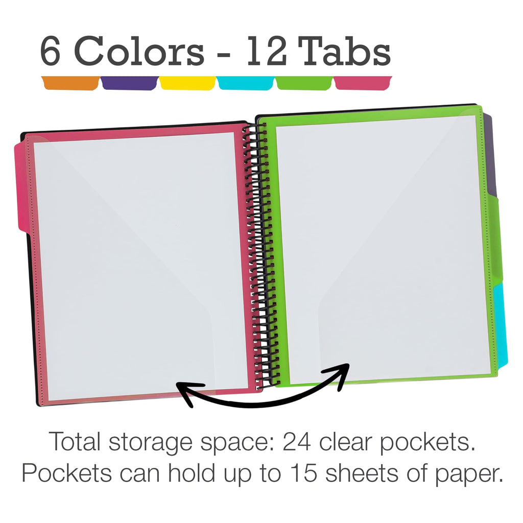 Samsill 2 Pack Deluxe 24 Pocket Spiral Project Organizer with Inner Zipper Pouch, Customizable Front Cover, 12 Dividers with Erasable Write-On Tabs in Fashion Colors, Plastic Folders with Pockets