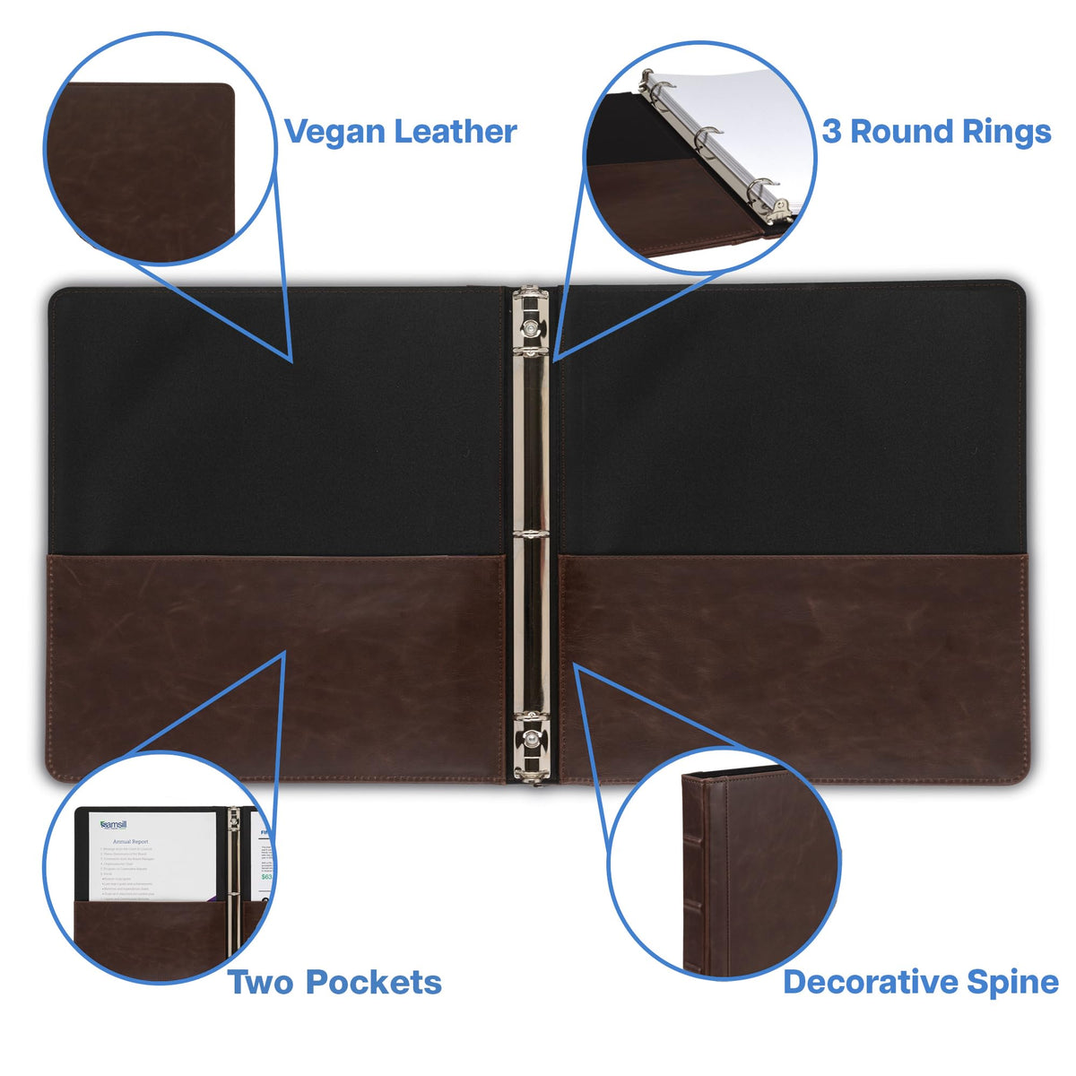 Samsill Vintage Leather Binder, 0.5 Inch Round Ring (Holds 100 Sheets), Letter Size 8.5x11 Documents, Professional Organizer Portfolio, No Zipper, Brown
