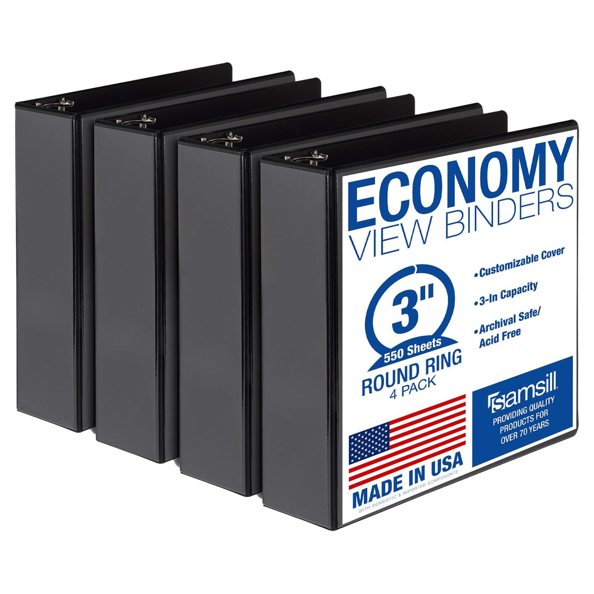 Samsill 3 Inch 3 Ring Binders, Economy Round Ring, Clear View Cover, 550 Sheet Capacity - for School, Home, Office - Black, 4 Pack