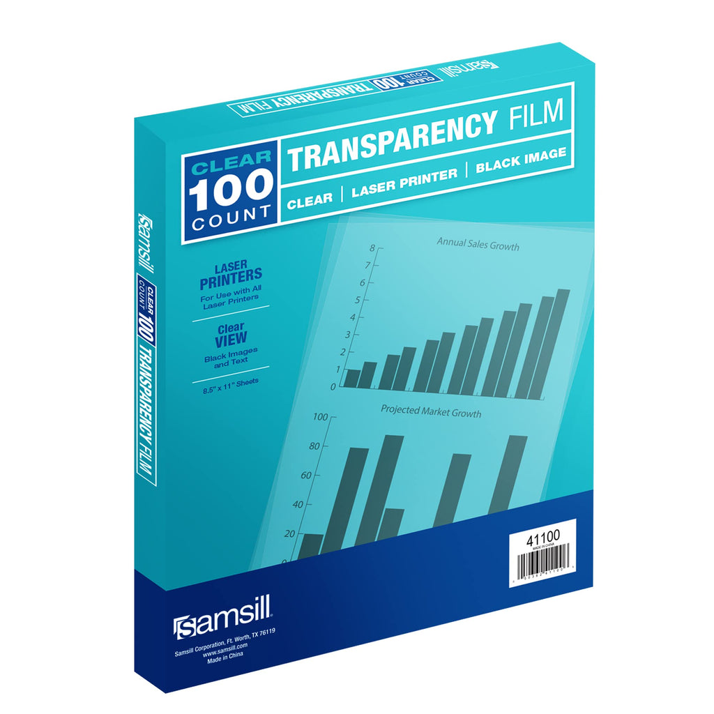 Samsill 100 Pack Transparent Printer Sheets, Projector Film, Clear Transparency Film for Laser Jet Printers, 8.5 x 11 Inch Sheets - Black Image Only,