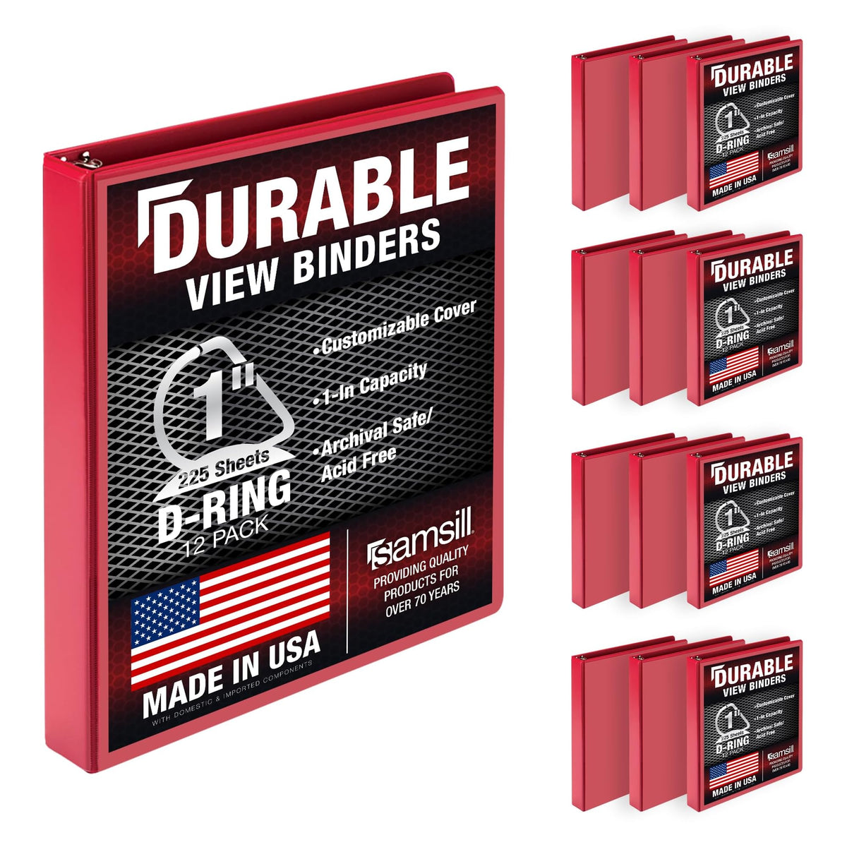 Samsill Durable 1 inch 3 Ring Binder, Made in USA, D Ring Binder, FSC 100% Recycled Chipboard, Red, 12 Pack