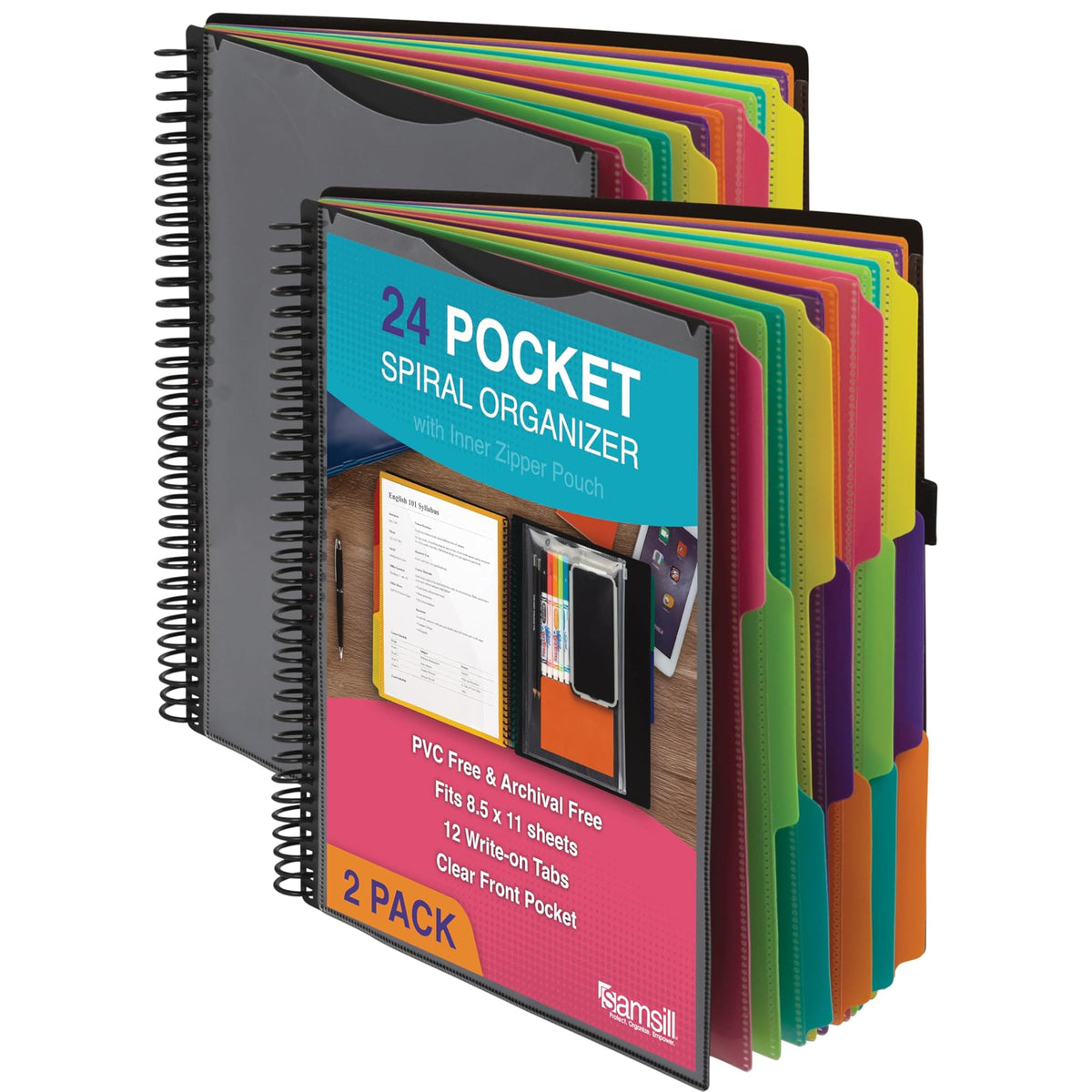 Samsill 2 Pack Deluxe 24 Pocket Spiral Project Organizer with Inner Zipper Pouch, Customizable Front Cover, 12 Dividers with Erasable Write-On Tabs in Fashion Colors, Plastic Folders with Pockets