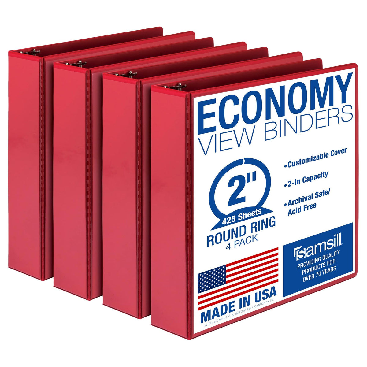 Samsill 2 Inch 3 Ring Binders, Made in USA, Economy Round Ring, Clear View Cover, 425 Sheet Capacity - for School, Home, Office - Red, 4 Pack