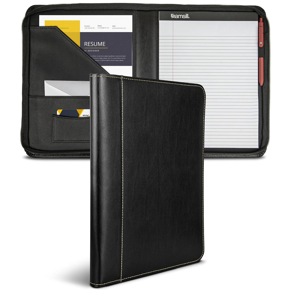 Samsill Contrast Stitch Leather Zippered Portfolio Folder/Business Portfolio for Men and Women, Resume/Document Organizer with Writing Pad, Black (71720)