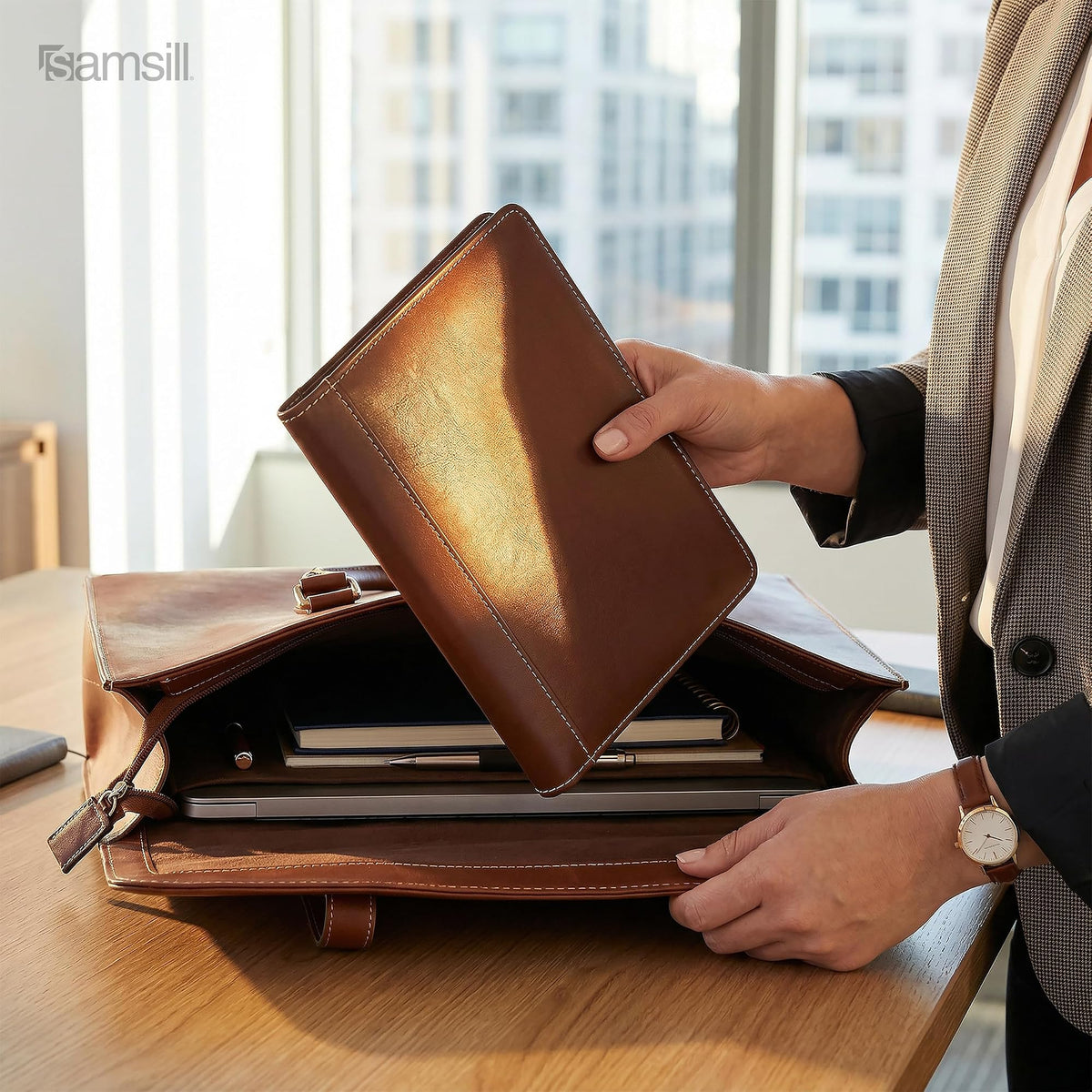 Samsill Contrast Stitch Faux-Leather Portfolio, Mini Size Business Interview Professional Padfolio, Includes 5 x 8 Inch Writing Pad, Brown