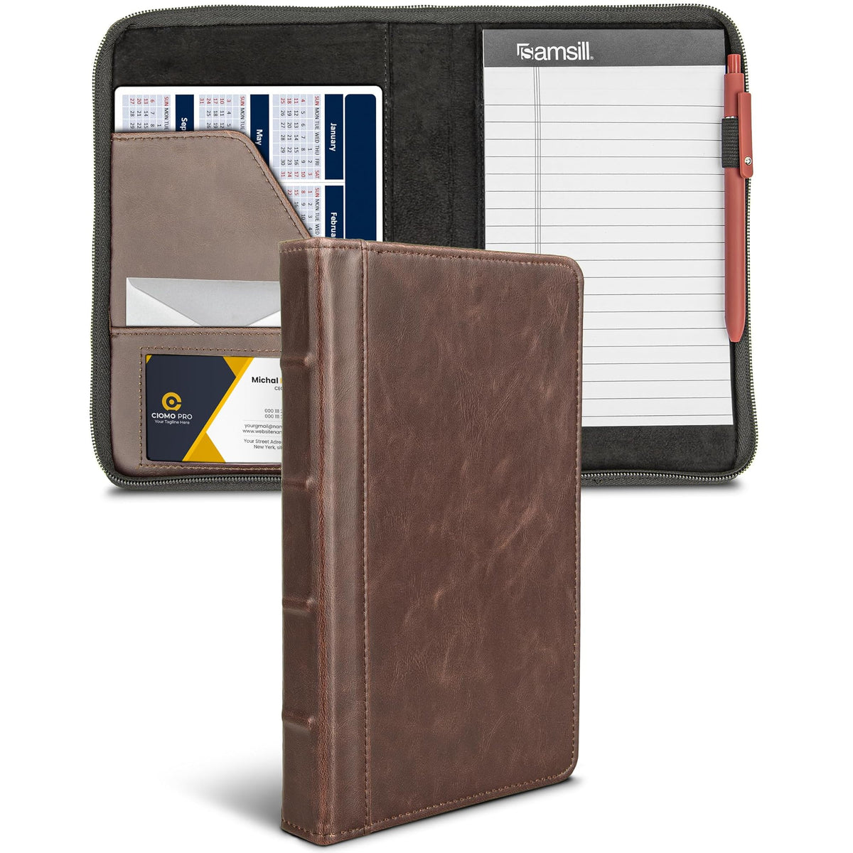 Samsill Small  Vintage Portfolio / Zipper Faux Leather Portfolio, Book Style Hardback Design, Business & Interview Padfolio Organizer, Holds 5 x 8 Writing Pad, Dark Brown